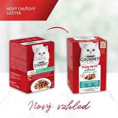 Porovnání starého a nového obalu PURINA GOURMET Mon Petit Intense Duetto/Duo, 6×50g. Text: Nový chuťový zážitek, Nový vzhled.