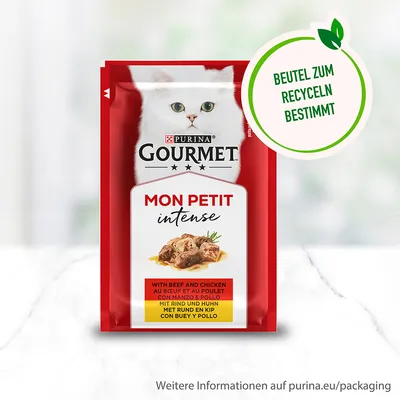 Purina Gourmet Mon Petit Intense med nötkött och kyckling. Påse avsedd för återvinning. Mer information på purina.eu/packaging.