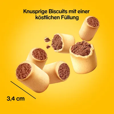 Knusprige Biscuits mit einer köstlichen Füllung, tyska. Bild på fyllda kex, diameter 3,4 cm synlig.