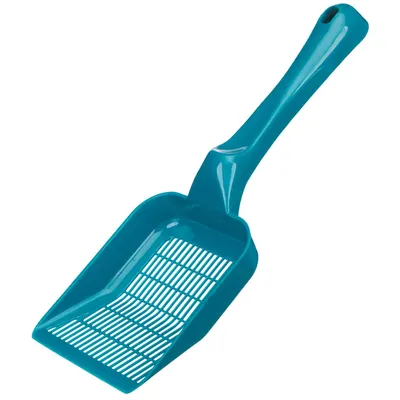 Tyrkysová plastová lopatka na stelivo s mřížkovým designem pro čištění kočkolitu.