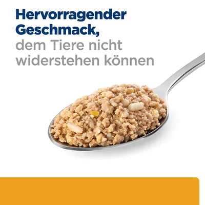 Texte en allemand : Hervorragender Geschmack, dem Tiere nicht widerstehen können. Cuillère contenant de la pâtée pour animaux.