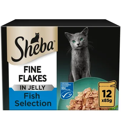 Fine flakes in jelly, fish selection, 12 x 85g. Certified sustainable seafood MSC. Image shows product pieces in a bowl.