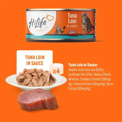 Tuna Loin in Sauce: contains dolphin-safe tuna loin (60%), sunflower oil (1.6%), tapioca starch, minerals, cranberry extract, chicory extract, yucca extract. Pack includes 4 cans.