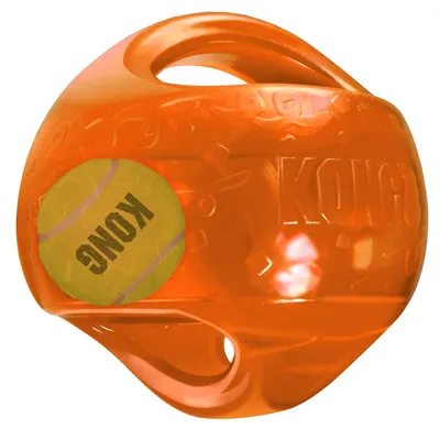 Orange KONG Ball with integrated tennis ball, robust design and grip opening.