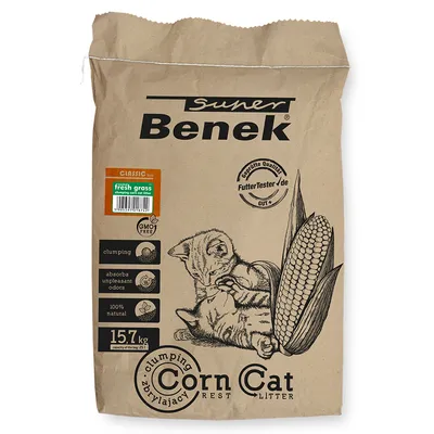 Sac de litière agglomérante Super Benek Corn Cat 15,7 kg, fresh grass, sans OGM, 100 % naturel, absorbe les odeurs, illustration chat et épi de maïs, label FutterTester/de GUT.
