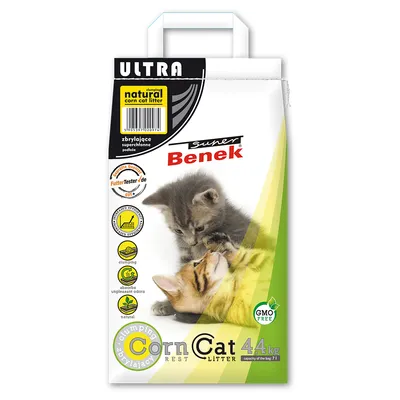 Ultra natural corn cat litter, clumping, absorbs unpleasant odours, GMO free, 4.4kg bag, capacity 7L, product features and icons visible on packaging.