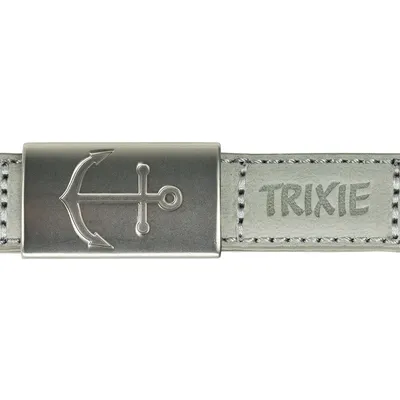 Trixie hondenhalsband met zilverkleurig ankerembleem en grijs lederdesign.