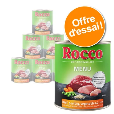 Lot de 6 boîtes Rocco Menu 800 g, bœuf, volaille, légumes et riz. Offre d’essai visible sur l’image. Texte en anglais et allemand sur l’étiquette.