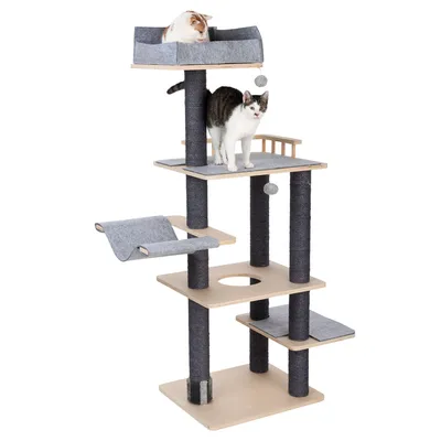 Cat tree with multiple levels, sisal posts and grey resting areas. Two cats use the upper platforms.