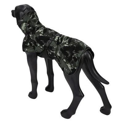 Dog coat in camouflage design, with adjustable closure and high collar, shown on a black dog mannequin.