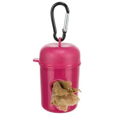 Roze kunststof houder met karabijnhaak en zichtbare bruine hondenpoepzakjes die uit een opening steken.