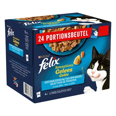 Purina felix Sensations Gelees Celée, 24 saszetki. Różnorodność smaków rybnych w galarecie: sardynka, łosoś, morszczuk, pstrąg. Opakowanie z wizerunkiem kota.