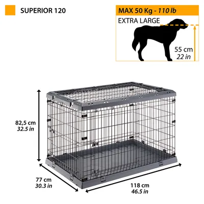 Hundebox Superior 120, Masse: 118 cm x 77 cm x 82,5 cm. Geeignet für Hunde bis max. 50 kg und Schulterhöhe von 55 cm (Extra Large).