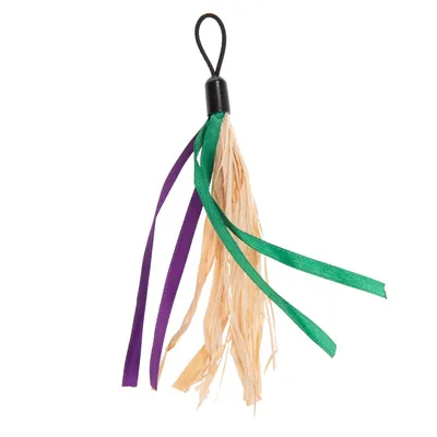 Gioco per animali con nastri verdi e viola e strisce beige, manico ad anello nero in plastica visibile in alto.