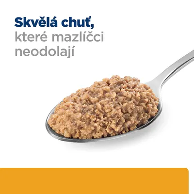 Lžíce s porcí masové směsi, v horní části text: Skvělá chuť, které mazlíčci neodolají.