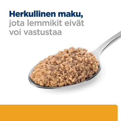 Teksti: Herkullinen maku, jota lemmikit eivät voi vastustaa. Kuvassa lusikallinen ruskeaa, rakeista lemmikkiruokaa.