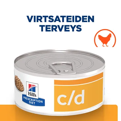 Hill's Prescription Diet c/d -märkäruokapurkki, etiketti ja teksti: 'Virtsateiden terveys', oranssi kanan siluetti näkyvissä.