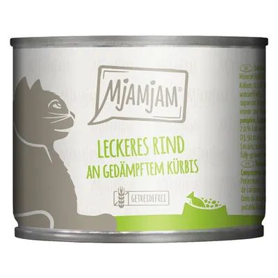 Boîte MjAMjAM, texte visible : Leckeres Rind an gedämpftem Kürbis, Getreidefrei. Illustration de chat et légumes. Texte en allemand sur l’étiquette.