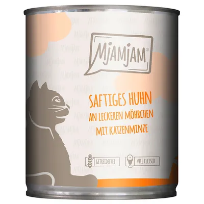 MjAMjAM wet food for cats, juicy chicken with carrots and catnip, grain-free, high meat content.