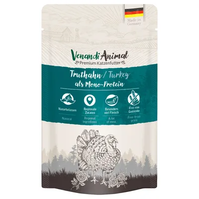 Venandi Animal Premium karma dla kotów, indyk jako jedno źródło białka. Naturalne, regionalne składniki, dużo mięsa, bez zbóż. Wyprodukowano w Niemczech.