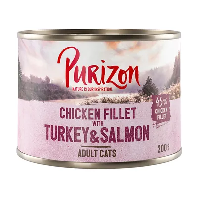 Purizon Chicken Fillet with Turkey & Salmon, 45 % chicken fillet, Adult Cats, 200 g. Texte en anglais sur l’emballage.
