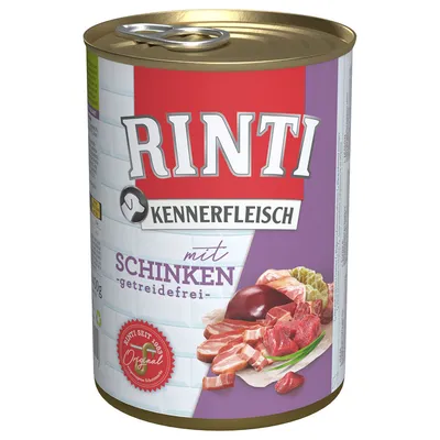 Rinti Kennerfleisch med skinke, kornfri. Dåse med billede af kød og teksten: Rinti siden 1983 Original.