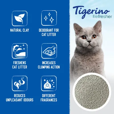 Tigerino Refresher, natural clay. Tekst na engleskom: deodorant for cat litter, freshens cat litter, increases clumping action, reduces unpleasant odours, different fragrances.