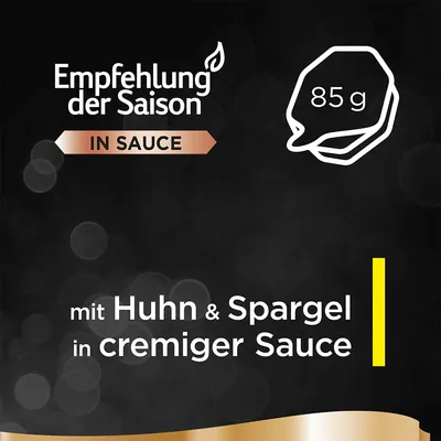 Empfehlung der Saison IN SAUCE, 85 g, mit Huhn & Spargel in cremiger Sauce (текст на немецком языке)