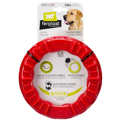 Ferplast Dental Dog Toy, aroma: meat, can be filled with dry food, extra durable, supports dental hygiene, model Smile Large. Made in Italy.