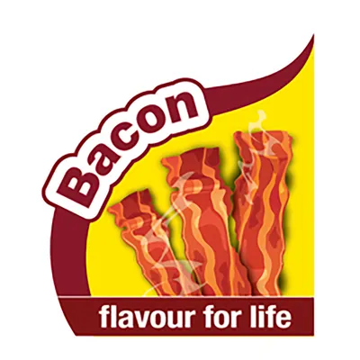 Bacon. Flavour for life. Bild von drei gebratenen Bacon-Streifen auf gelbem Hintergrund.