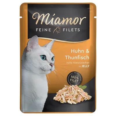 Miamor Feine Filets kuracie mäso a tuniak, svetlé kúsky filé v želé, vo vrecku na čerstvosť, 100% filé.