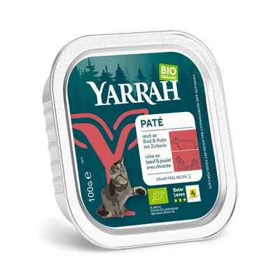Barquette Yarrah Paté, riche en bœuf et poulet avec chicorée, BIO Organic, 100 g, recette sans céréales, labels Beter Leven et agriculture UE/non UE visibles sur l’emballage.