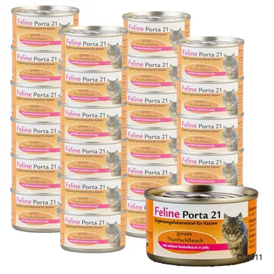 Lot de boîtes Feline Porta 21 pour chats, étiquette visible : 'ganzes Thunfischfleisch mit echtem Krebsfleisch in Jelly', image d’un chat sur l’emballage. Lot de boîtes Feline Porta 21 pour chats, étiquette visible : 'ganzes Thunfischfleisch mit echtem Krebsfleisch in Jelly', image d’un chat sur l’emballage.