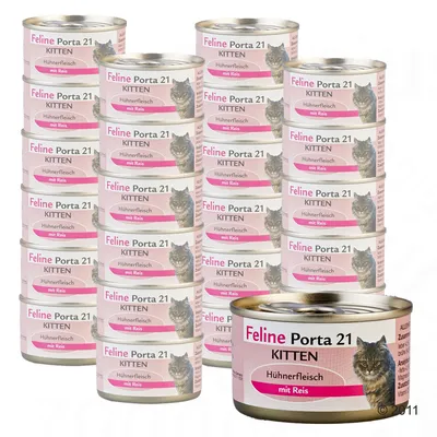 Lot de boîtes Feline Porta 21 Kitten, Hühnerfleisch mit Reis. Étiquette rose avec photo de chaton et texte en allemand visible sur chaque boîte. Lot de boîtes Feline Porta 21 Kitten, Hühnerfleisch mit Reis. Étiquette rose avec photo de chaton et texte en allemand visible sur chaque boîte.