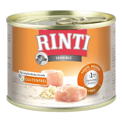 Konzerva Rinti Sensible, 100 % Huhn, glutenfrei, pre citlivé psy, s ryžou, iba 1 živočíšny proteín. Viditeľné kúsky kuracieho mäsa a ryže na etikete.