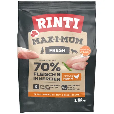 Rinti Maxi-Mum Fresh. Zubereitet mit 70% Fleisch & Innereien, reich an frischem Huhn, mit 30% Gemüse & wertvollen Zutaten, getreidefreie Rezeptur. Fleischgenuss mit Frischeplus, 1 kg.