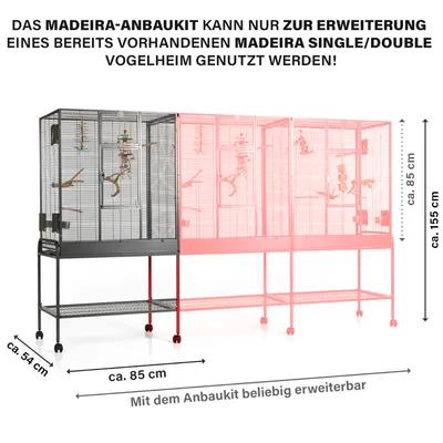 Gabbia per uccelli Madeira con kit di estensione, dimensioni visibili: ca. 85×54×155 cm; altezza interna ca. 85 cm. Espandibile con il kit mostrato in rosso.