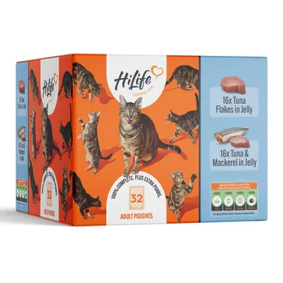 Box containing 32 adult pouches with 16 tuna flakes in jelly and 16 tuna and mackerel in jelly. Specially formulated to contain 100% complete nutrition. No artificial colours, flavours or preservatives.