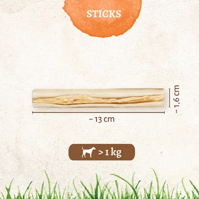 Stik med ca. 13 cm længde og 1,6 cm diameter, egnet til hunde over 1 kg.