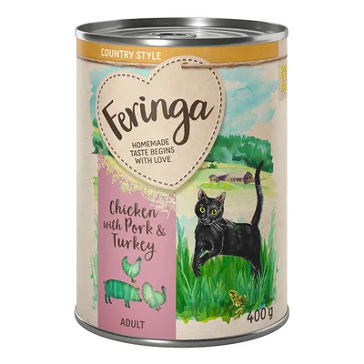 Feringa Country Style, Chicken with Pork & Turkey, Adult, 400g. Illustration mit schwarzer Katze und ländlicher Landschaft.