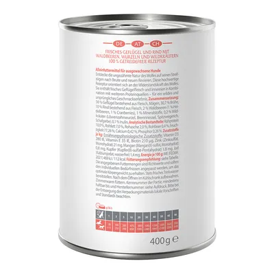 Dose mit Hundefutter: Frisches Geflügel und Rind, Waldbeeren, Wurzeln, Wildkräuter. 100% getreidefrei. Zusammensetzung, analytische Bestandteile, Fütterungsempfehlung sichtbar.