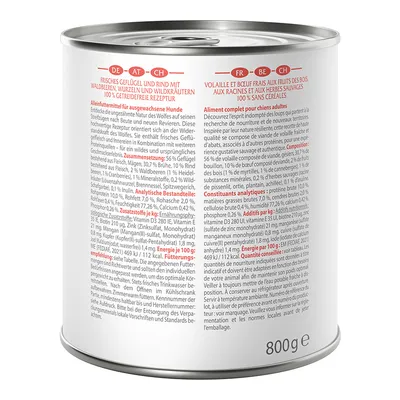 Dose mit 800g Inhalt: Frisches Geflügel und Rind, Waldbeeren, Wurzeln, Wildkräuter. Getreidefreie Rezeptur. Analyse: Protein 7%, Fett 7%, Feuchtigkeit 77%. Energie: 469 kJ/112 kcal.