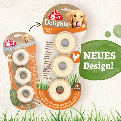 Ambalaj nou 8in1 Delights Chicken Rings, inele pentru câini, imagine cu două variante de ambalaj și text vizibil: NEUES Design!, pentru câini 5–10 kg.