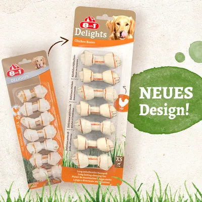 8in1 Delights Chicken Bones XS, nova zasnova. Dolgotrajno žvečenje za majhne pse. Embalaža s šestimi kostmi in okusom piščanca.