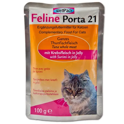 Feline Porta 21 WetPack, Ergänzungsfuttermittel für Katzen, Ganzes Thunfischfleisch mit Krebsfleisch in jelly, 100 g. Billede af kat på emballagen.