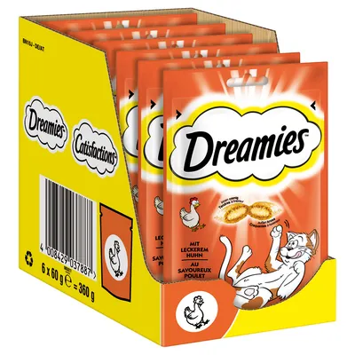 Dreamies, Catisfactions. 6 x 60 g = 360 g. Opakowanie przysmaków dla kotów o smaku kurczaka, widoczny rysunek kota i kurczaka na froncie.