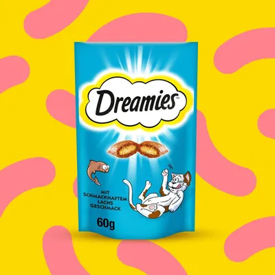 Dreamies Katzensnacks, 60g, mit schmackhaftem Lachs-Geschmack. Verpackung zeigt Cartoon-Katze und Fischsymbol.