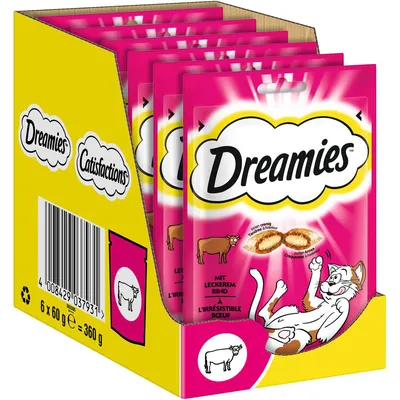 Dreamies Katzensnacks mit leckerem Rind, Packung à 6 x 60 g (360 g Gesamtgewicht). Verpackung zeigt spielende Katze und Rind-Symbol.