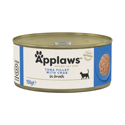 Applaws Natural Cat Food, tonnikalafilee ja rapu liemessä, 156 g tölkki, sertifioitu B Corporation, 100 % luonnolliset ainesosat.