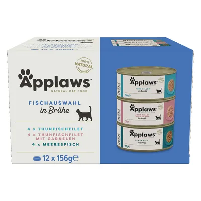 Applaws Fischauswahl in Brühe, 12 x 156g. Enthält 4 Thunfischfilet, 4 Thunfischfilet mit Garnelen, 4 Meeresfisch. 100% natürliche Zutaten.